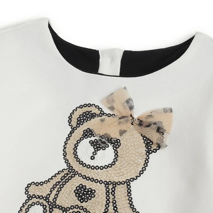 Girls White & Beige Embellished Dress
