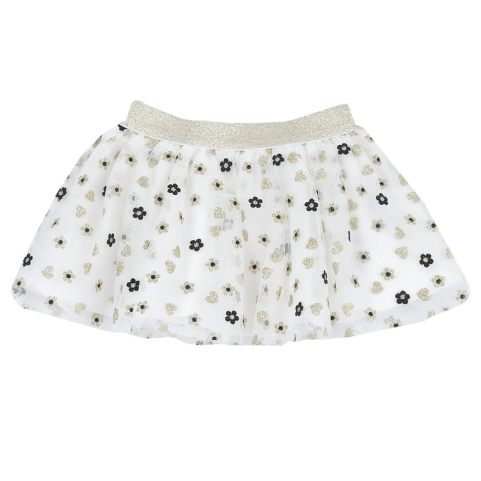 Girls White & Black Printed Skirt