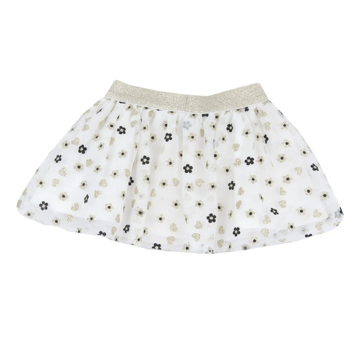 Girls White & Black Printed Skirt