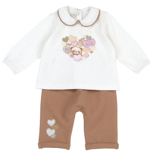 Girls White & Brown Printed Sweatshirt with Leggings
