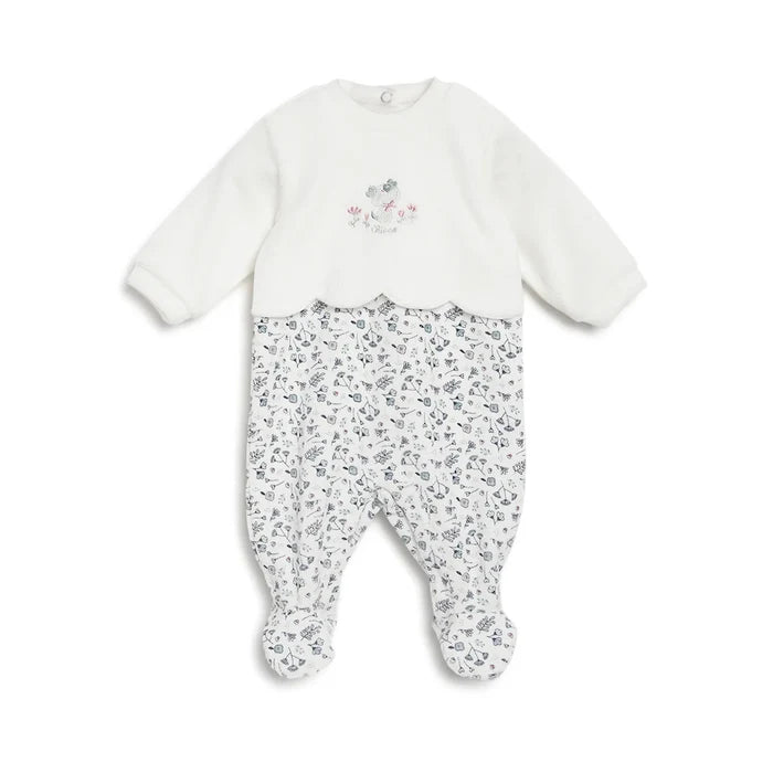Girls White & Grey Printed Leg Opening Babysuit