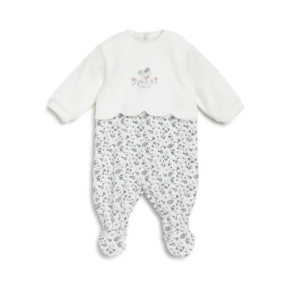 Girls White & Grey Printed Leg Opening Babysuit