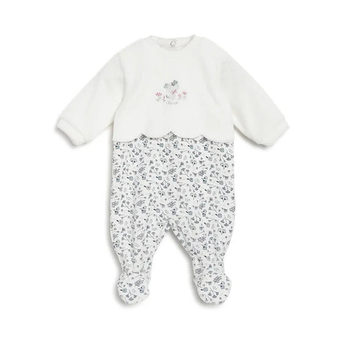 Girls White & Grey Printed Leg Opening Babysuit
