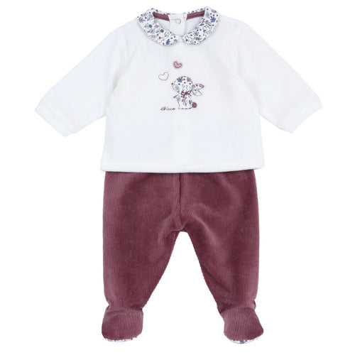 Girls White & Maroon Embroidered Smock with Legging
