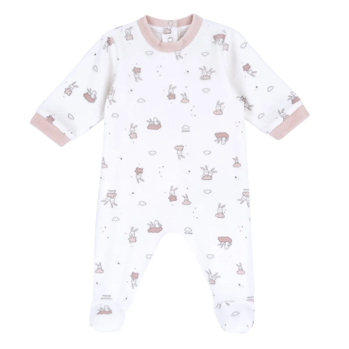Girls White & Pink Printed Nappy Opening Babysuit