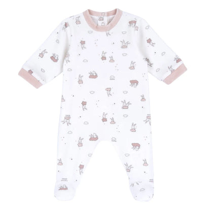 Girls White & Pink Printed Nappy Opening Babysuit