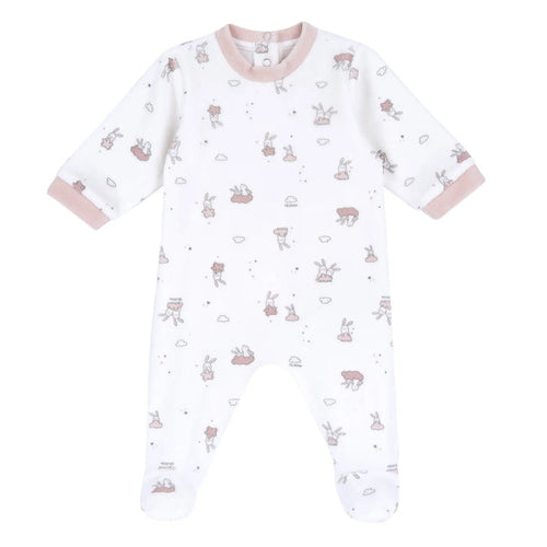Girls White & Pink Printed Nappy Opening Babysuit