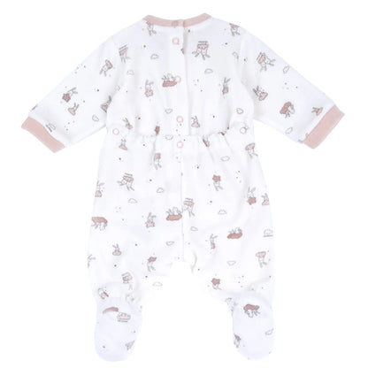 Girls White & Pink Printed Nappy Opening Babysuit