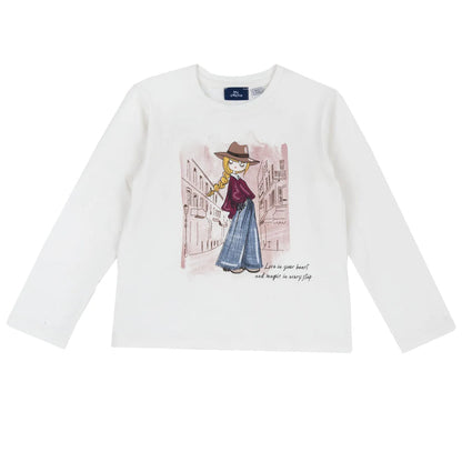 Girls White Printed Round Neck T-shirt