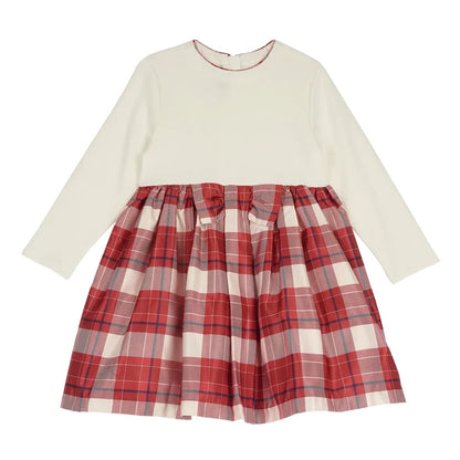 Girls White & Red Checked Long Sleeve Dress