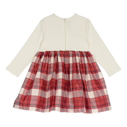 Girls White & Red Checked Long Sleeve Dress