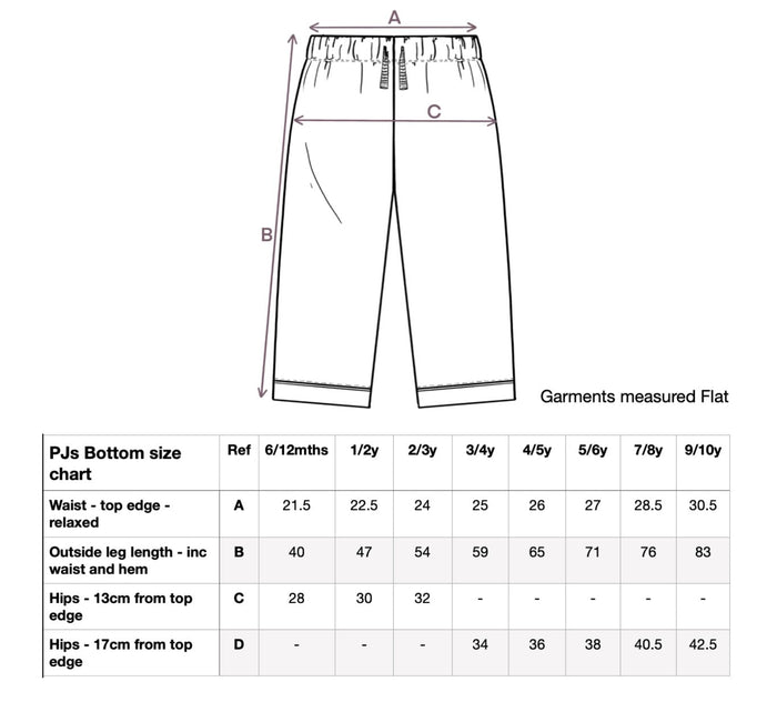 Kids pajama bottoms size chart with garment measurements flats A–D and table.