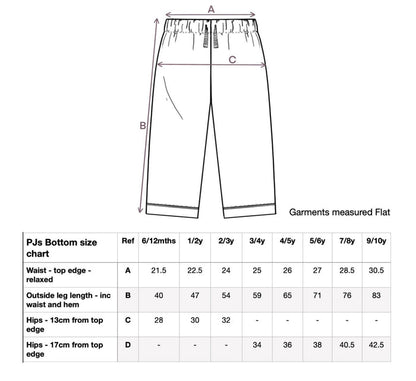 Kids pajama bottoms size chart with garment measurements flats A–D and table.