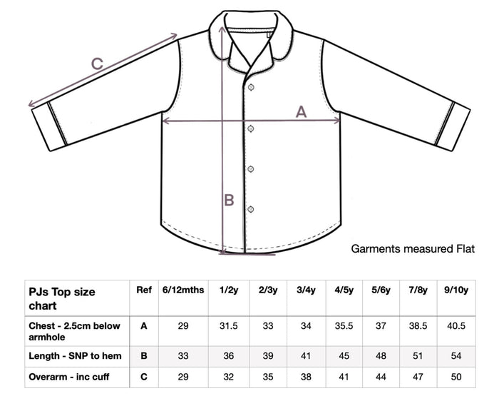 Kids pajama top size chart diagram with measurements A, B, and C in table.