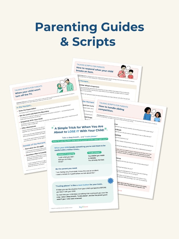 A rectangular image collage in portrait orientation with a background color of light yellow . The collage features a stack of parenting guides and scripts in various colors. Text at the top center reads Parenting Guides & Scripts in black. View 3