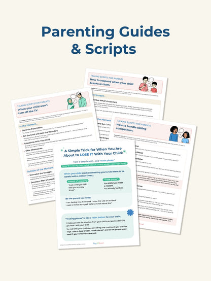 A rectangular image collage in portrait orientation with a background color of light yellow . The collage features a stack of parenting guides and scripts in various colors. Text at the top center reads Parenting Guides & Scripts in black. View 3