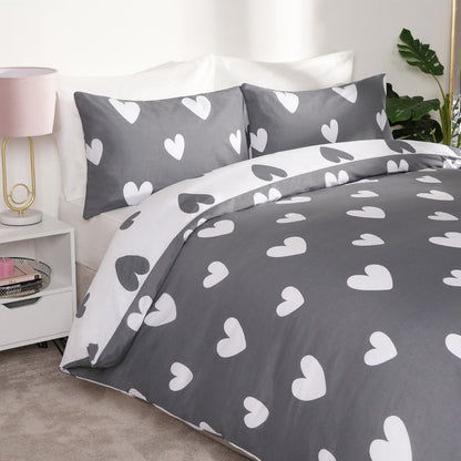 Heart Print Duvet Cover Set - Charcoal 🇬🇧