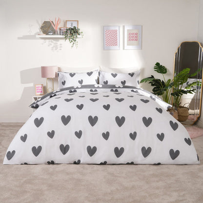 Heart Print Duvet Cover Set - Charcoal 🇬🇧