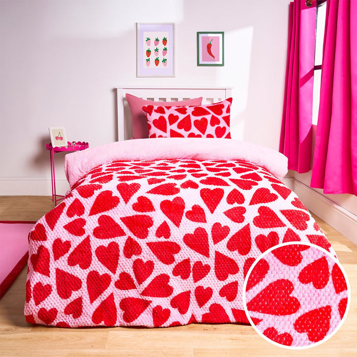 Heart Print Waffle Fleece Duvet Cover Set - Pink/Red 🇬🇧