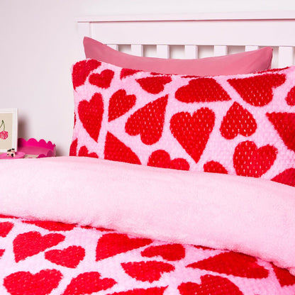 Heart Print Waffle Fleece Duvet Cover Set - Pink/Red 🇬🇧
