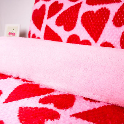 Heart Print Waffle Fleece Duvet Cover Set - Pink/Red 🇬🇧