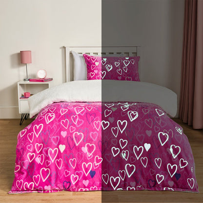 Heart Printed Glow In The Dark Duvet Set - Pink 🇬🇧
