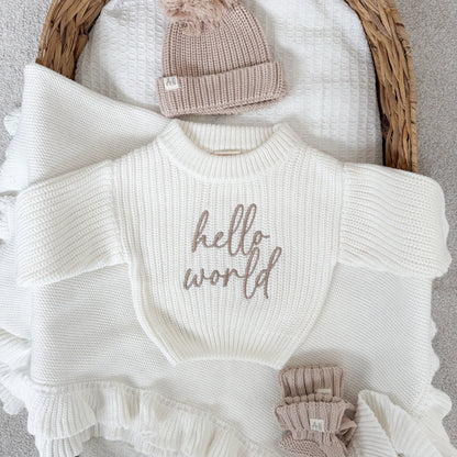 White chunky knit jumper with ribbed crew neck and 'hello world' print