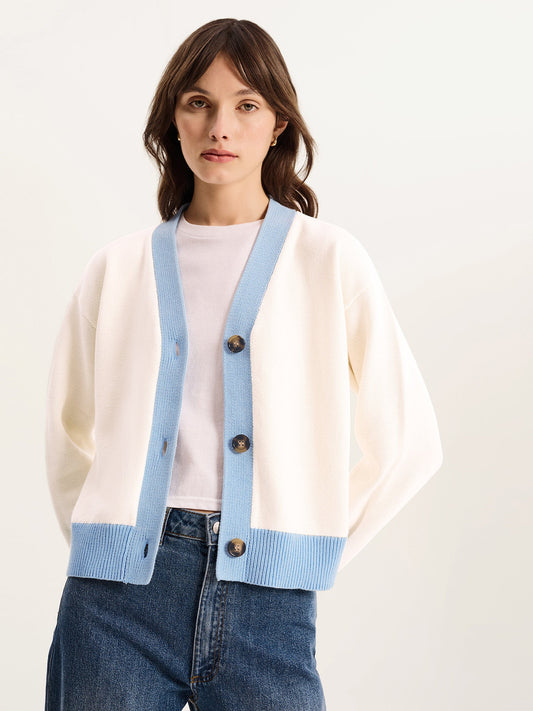 Henni Cotton Cardigan in Cream and Blue