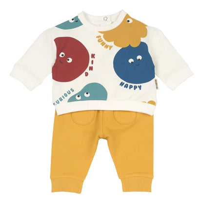 Infants White & Yellow Printed Sweatshirt with Long Trouser