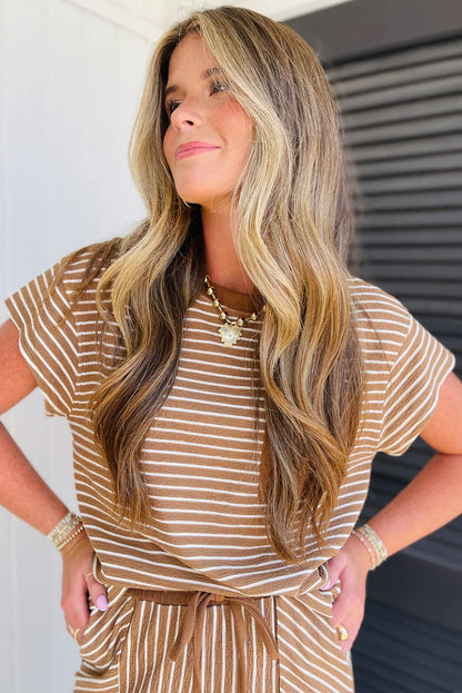 Khaki Stripe Crew Neck Tee Drawstring Waist Cropped Pants Set 🇺🇸