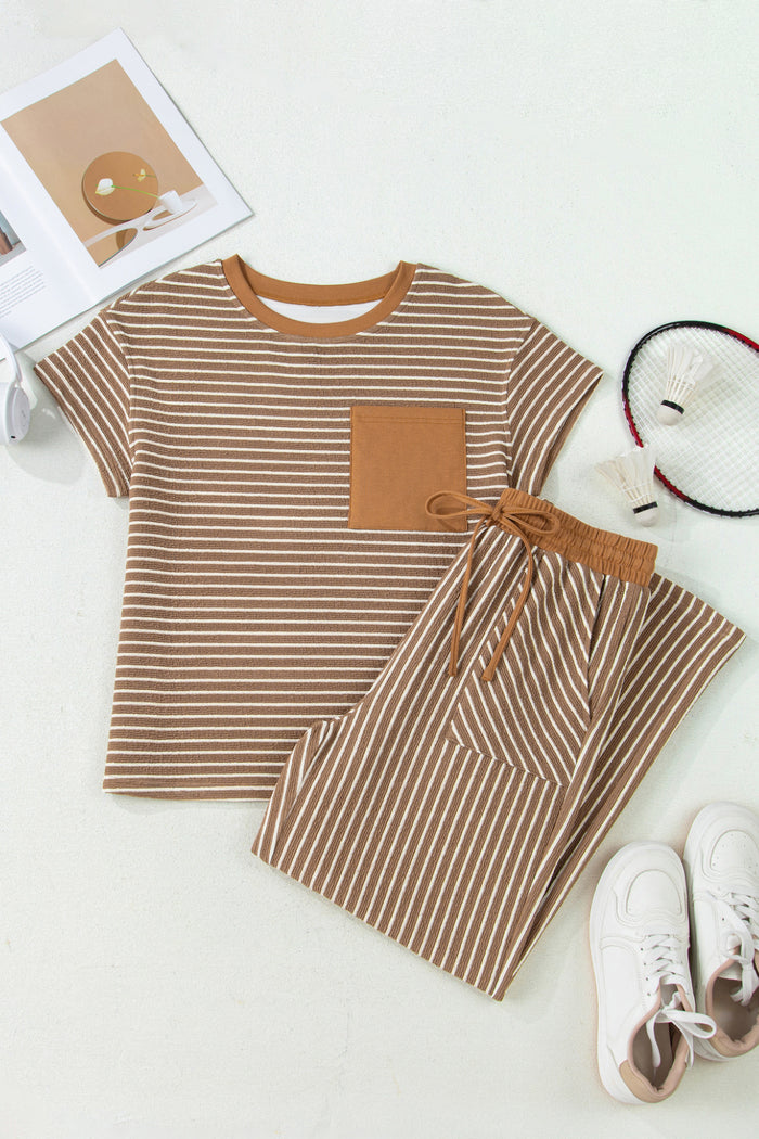 Khaki Stripe Crew Neck Tee Drawstring Waist Cropped Pants Set 🇺🇸