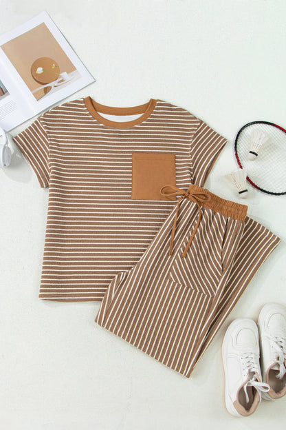 Khaki Stripe Crew Neck Tee Drawstring Waist Cropped Pants Set 🇺🇸