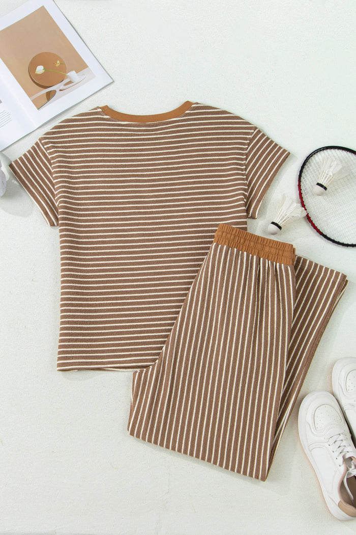 Khaki Stripe Crew Neck Tee Drawstring Waist Cropped Pants Set 🇺🇸