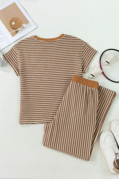 Khaki Stripe Crew Neck Tee Drawstring Waist Cropped Pants Set 🇺🇸