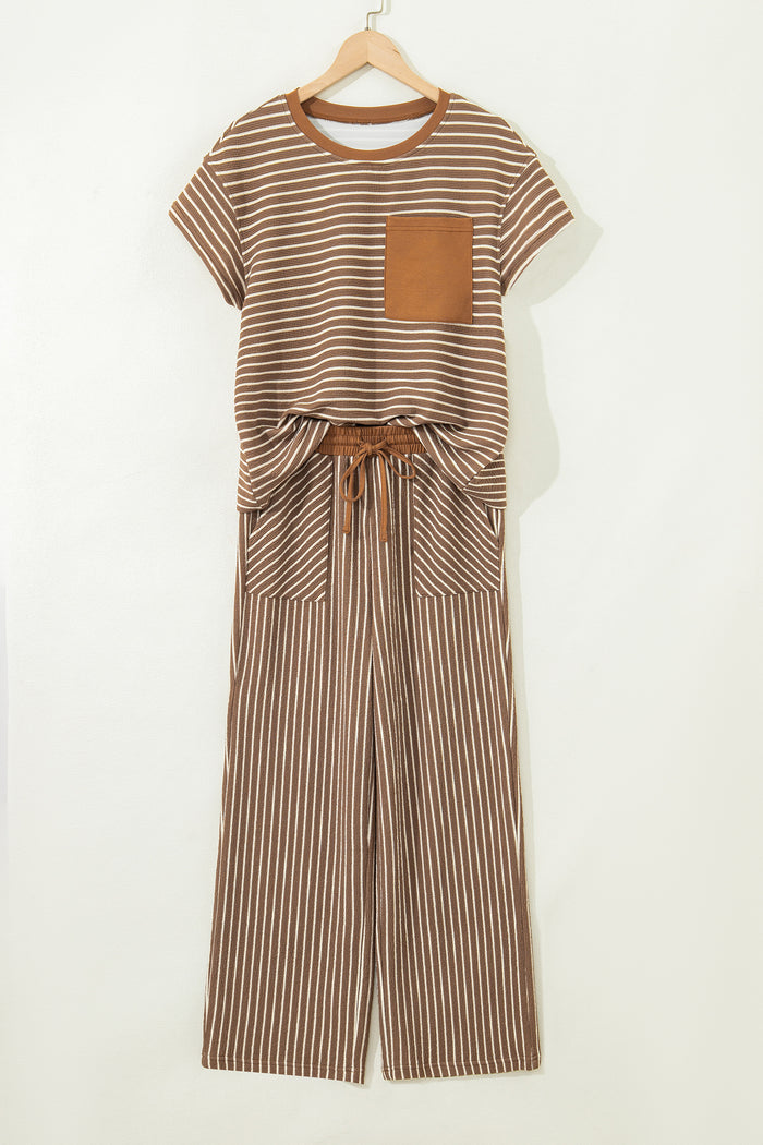 Khaki Stripe Crew Neck Tee Drawstring Waist Cropped Pants Set 🇺🇸