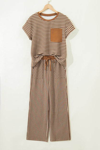 Khaki Stripe Crew Neck Tee Drawstring Waist Cropped Pants Set 🇺🇸