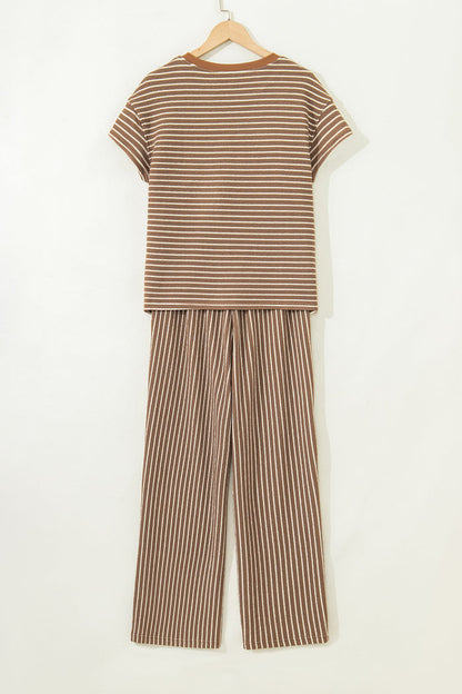 Khaki Stripe Crew Neck Tee Drawstring Waist Cropped Pants Set 🇺🇸