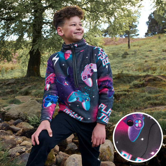 Kids Neon Gaming Print Half Zip Fleece - Purple 🇬🇧