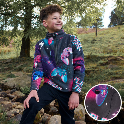 Kids Neon Gaming Print Half Zip Fleece - Purple 🇬🇧