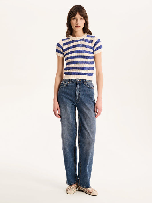 Lexi Stripe Crochet Jumper in Blue and Cream