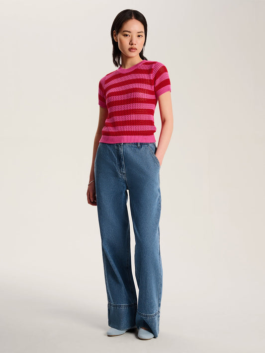Lexi Stripe Crochet Jumper in Magenta and Red