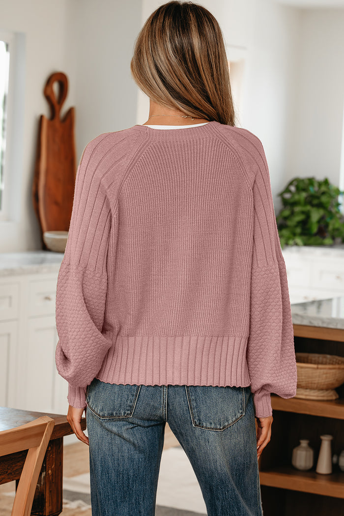 Light Pink Mixed Texture Knit Button V Neck Sweater Cardigan 🇺🇸
