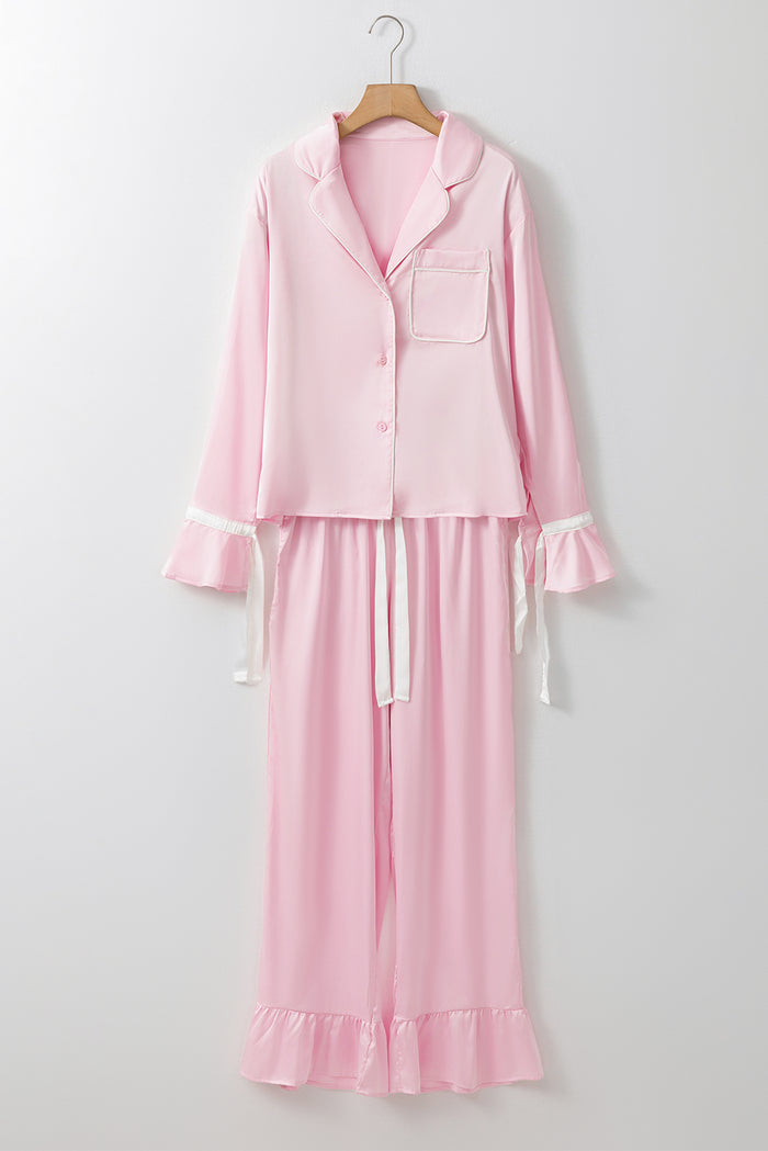 Light Pink Satin Knot Accent Shirt and Ruffled Pants Lounge Set 🇺🇸
