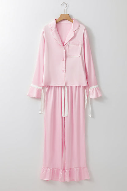 Light Pink Satin Knot Accent Shirt and Ruffled Pants Lounge Set 🇺🇸