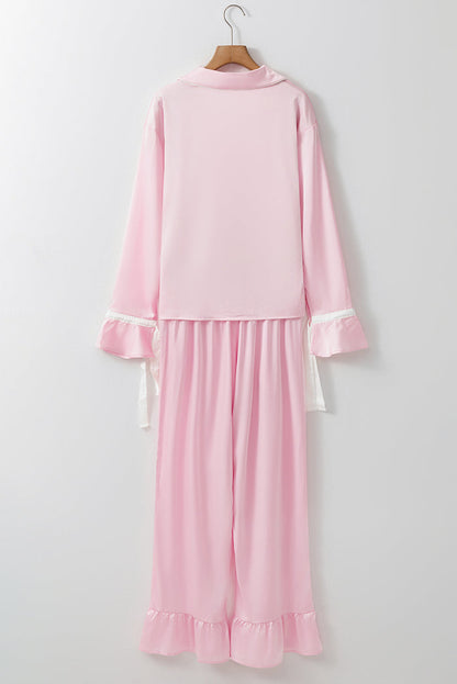Light Pink Satin Knot Accent Shirt and Ruffled Pants Lounge Set 🇺🇸