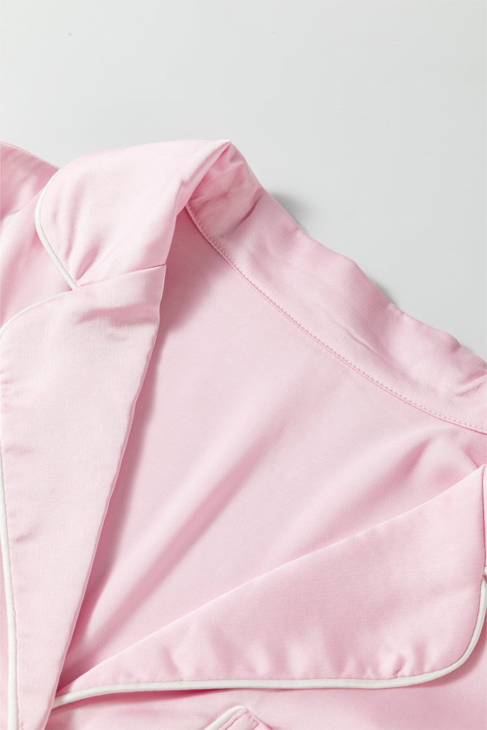 Light Pink Satin Knot Accent Shirt and Ruffled Pants Lounge Set 🇺🇸
