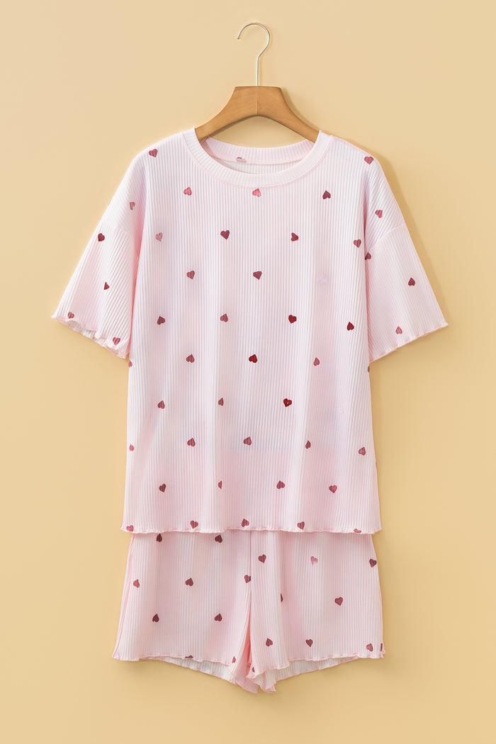 Light Pink Valentine Heart Shape Print Ribbed Knit Short Lounge Set 🇺🇸