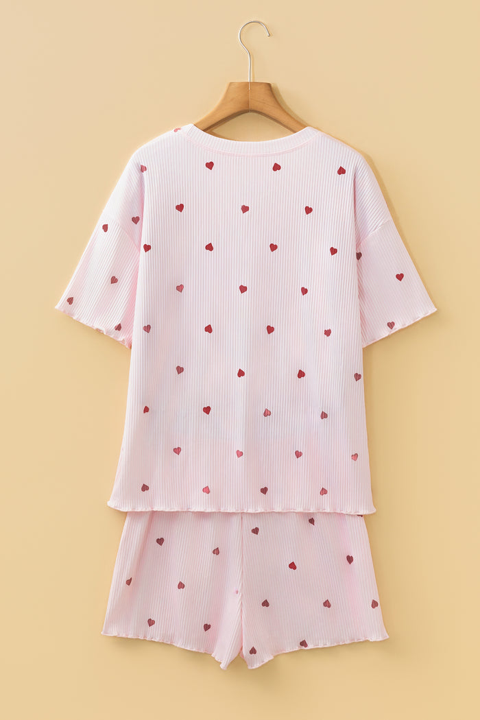 Light Pink Valentine Heart Shape Print Ribbed Knit Short Lounge Set 🇺🇸