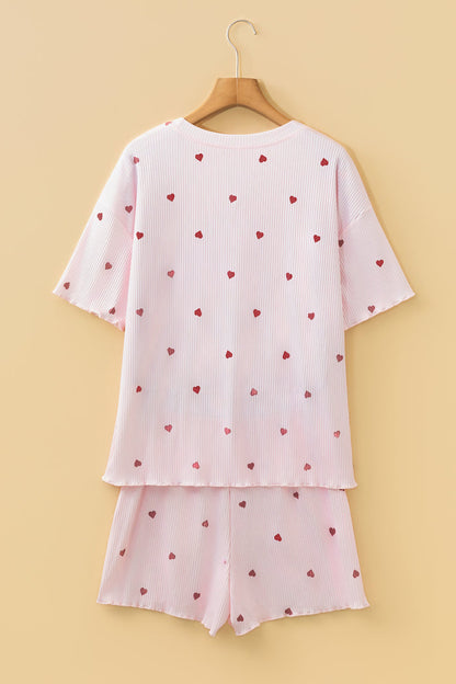 Light Pink Valentine Heart Shape Print Ribbed Knit Short Lounge Set 🇺🇸