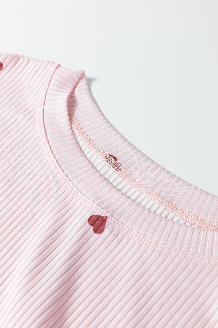 Light Pink Valentine Heart Shape Print Ribbed Knit Short Lounge Set 🇺🇸